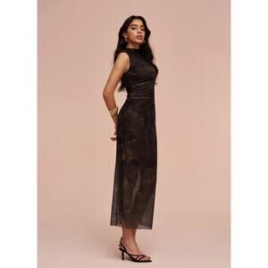Commense Dark Brown Ruched Mesh Mock Neck Maxi Dress L NWT - Euro Chic